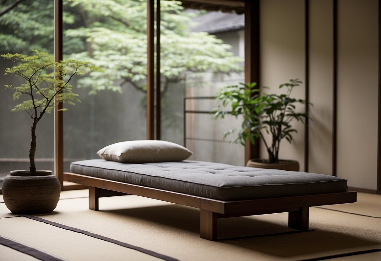 A low Japanese futon bed is placed in a minimalist room with shoji screens, tatami flooring, and a serene rock garden