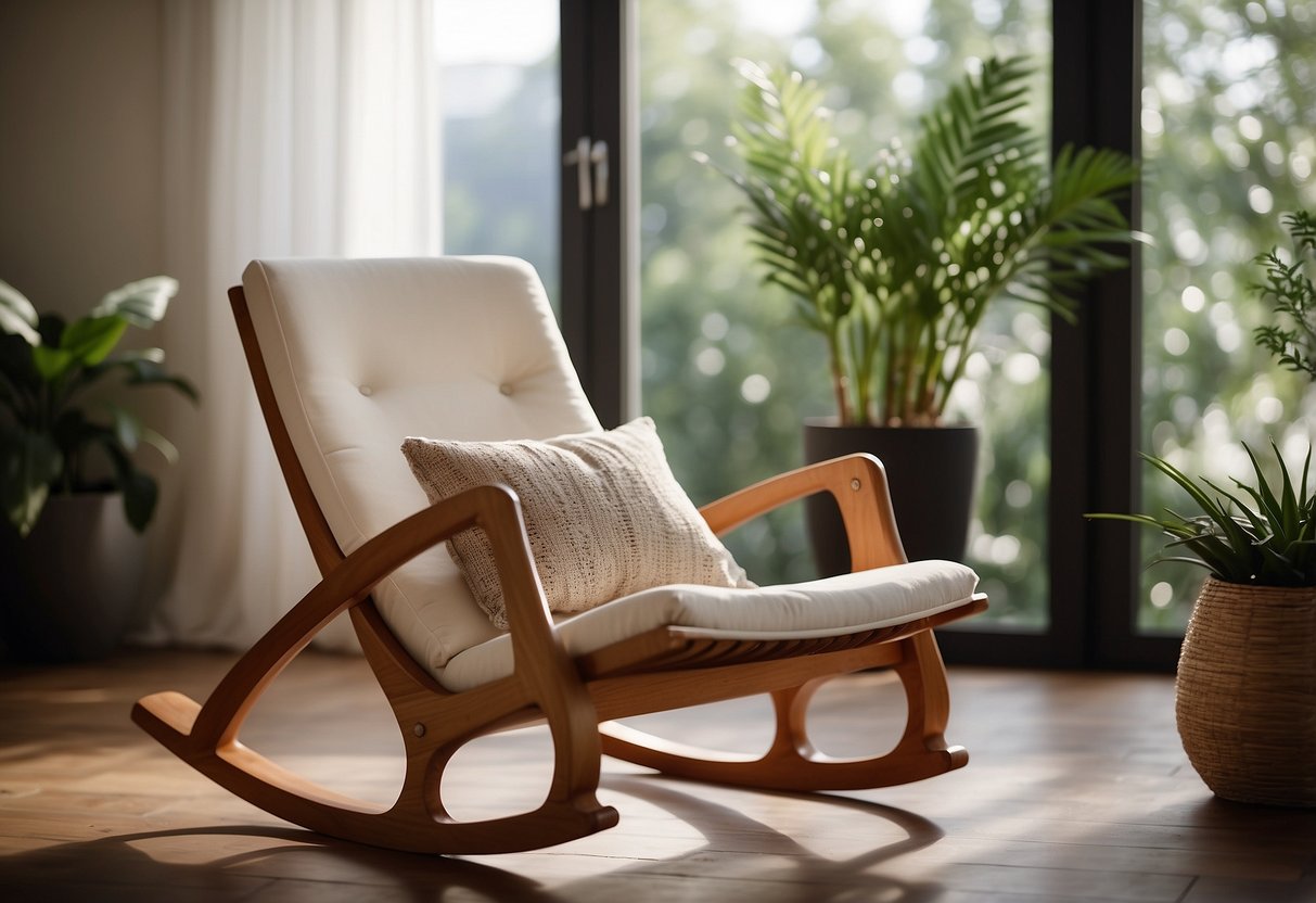 A wooden rocking meditation chair sits in a peaceful room, surrounded by soft lighting and calming decor