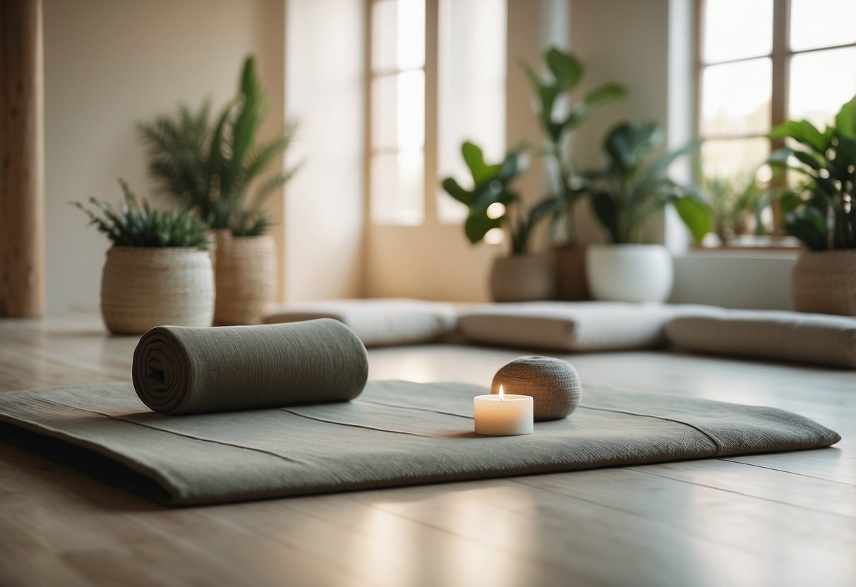 A serene zen yoga room with minimal decor, soft lighting, plants, and a neutral color palette. A large open space with a yoga mat, cushions, and a small fountain for ambiance