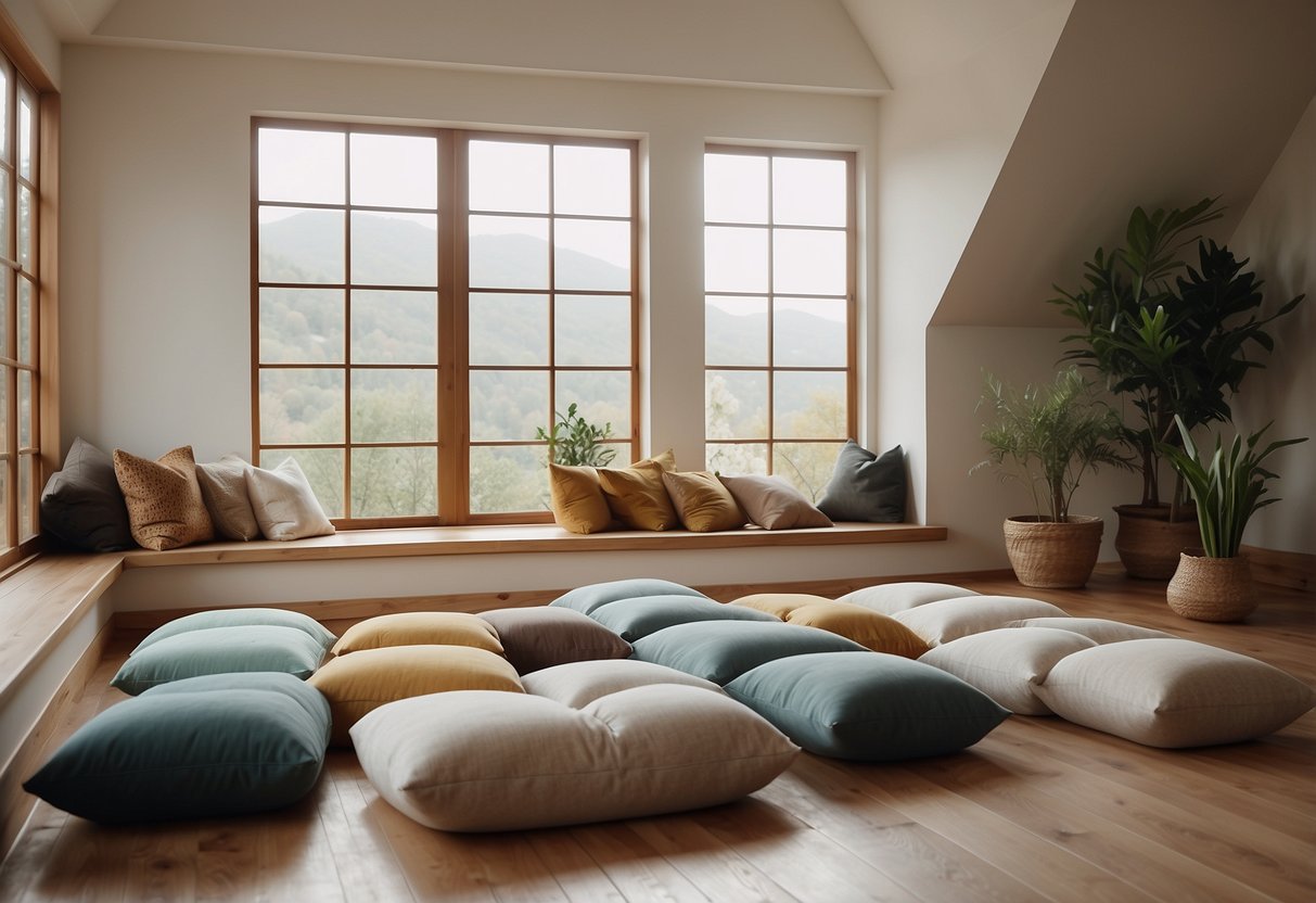 A serene zen yoga room with minimalist floor cushions, creating a peaceful and calming atmosphere for home decor