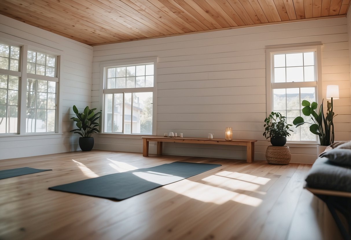 A serene yoga room with a shiplap accent wall, minimal decor, and soft lighting for a calming atmosphere