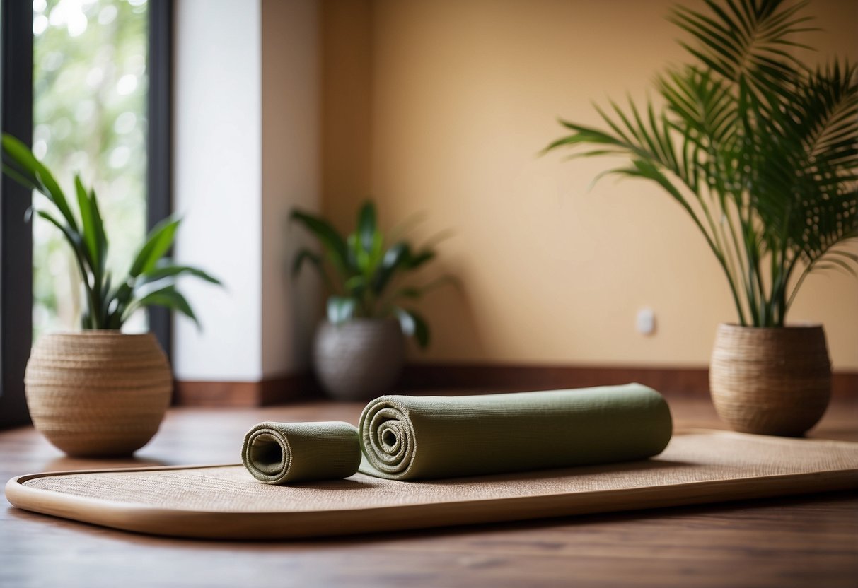 A serene zen yoga room with a bamboo yoga mat as the centerpiece, surrounded by calming decor and natural elements