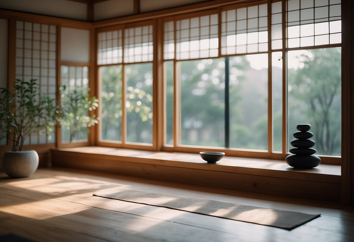 A serene Zen yoga room with Japanese Shoji screens, minimal decor, and natural light