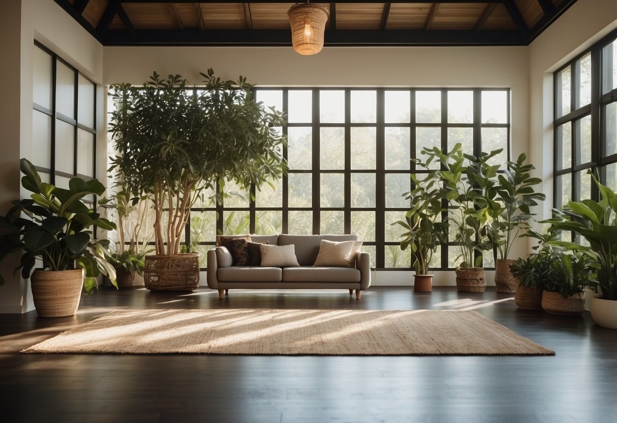 A serene yoga room with a tall indoor ficus plant as a focal point, surrounded by calming decor and natural elements for a zen atmosphere