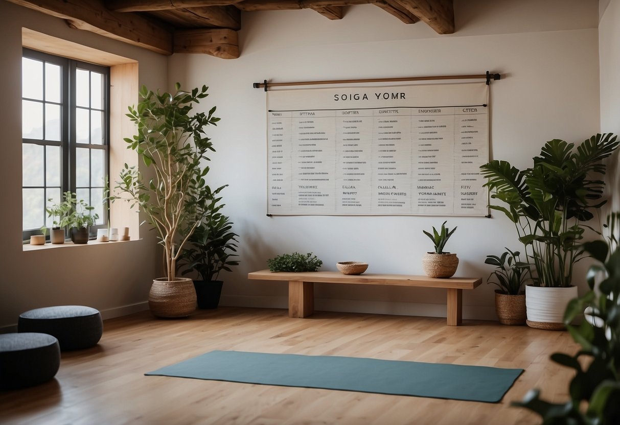 A serene yoga room with a wall-mounted flow chart, calming decor, and zen vibes