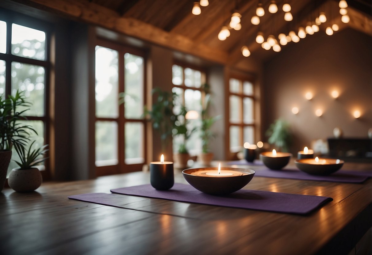 A serene yoga room with sound therapy bowls, soft lighting, and zen decor for a peaceful ambiance