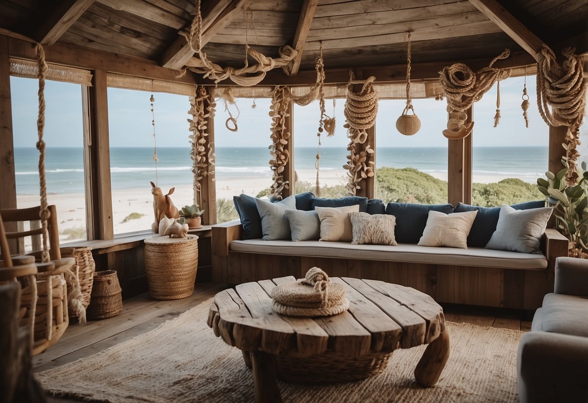 A cozy beach house with driftwood shelves, seashell wind chimes, and nautical rope decor