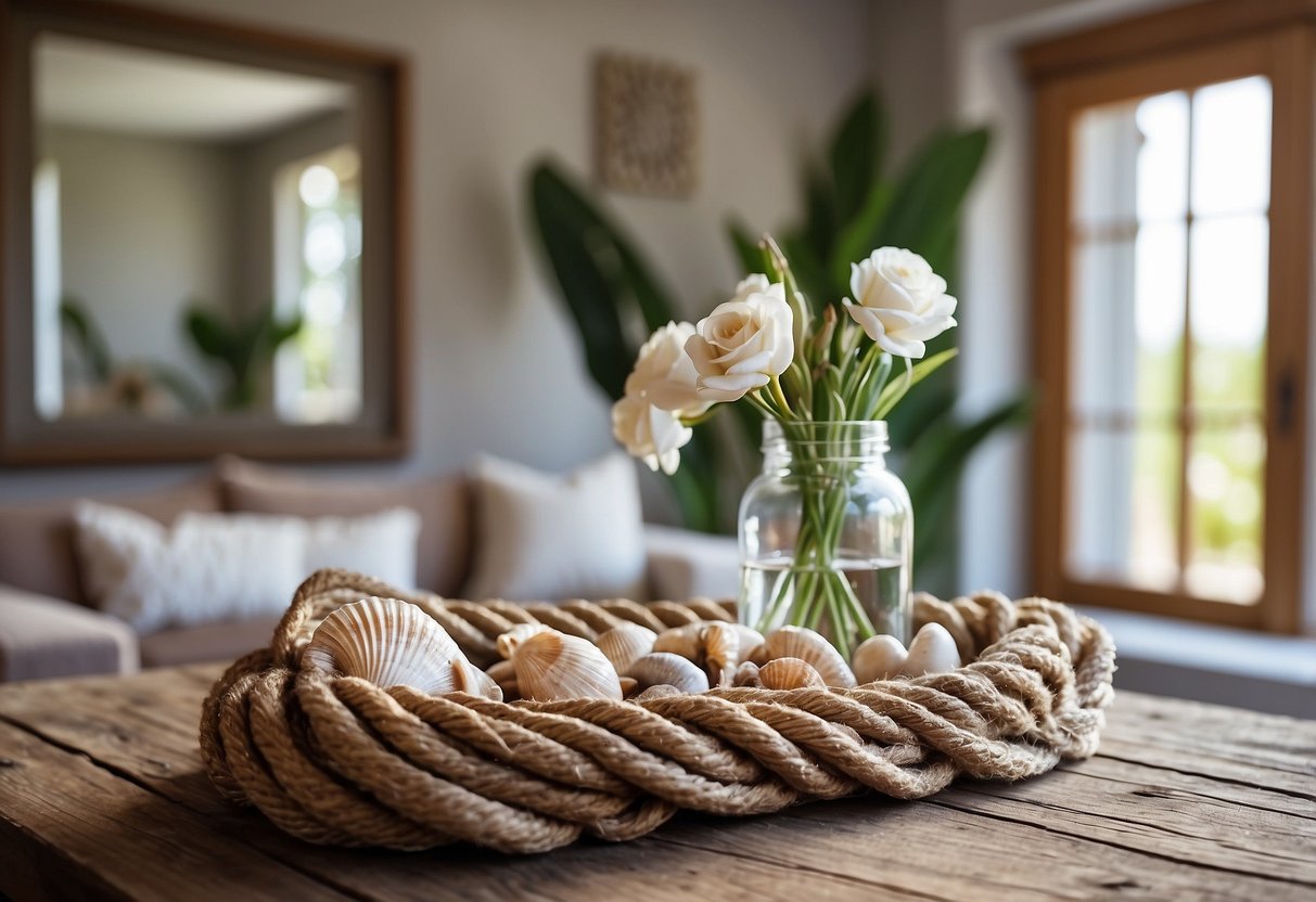 A living room with driftwood accents, seashell wall art, and a rope-wrapped mirror. A glass vase filled with sand and shells sits on a weathered wood coffee table