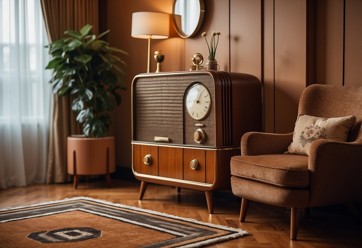 A cozy living room with art deco furniture, a geometric patterned rug, and a vintage radio on a side table. Rich, warm colors and elegant, curved lines dominate the space