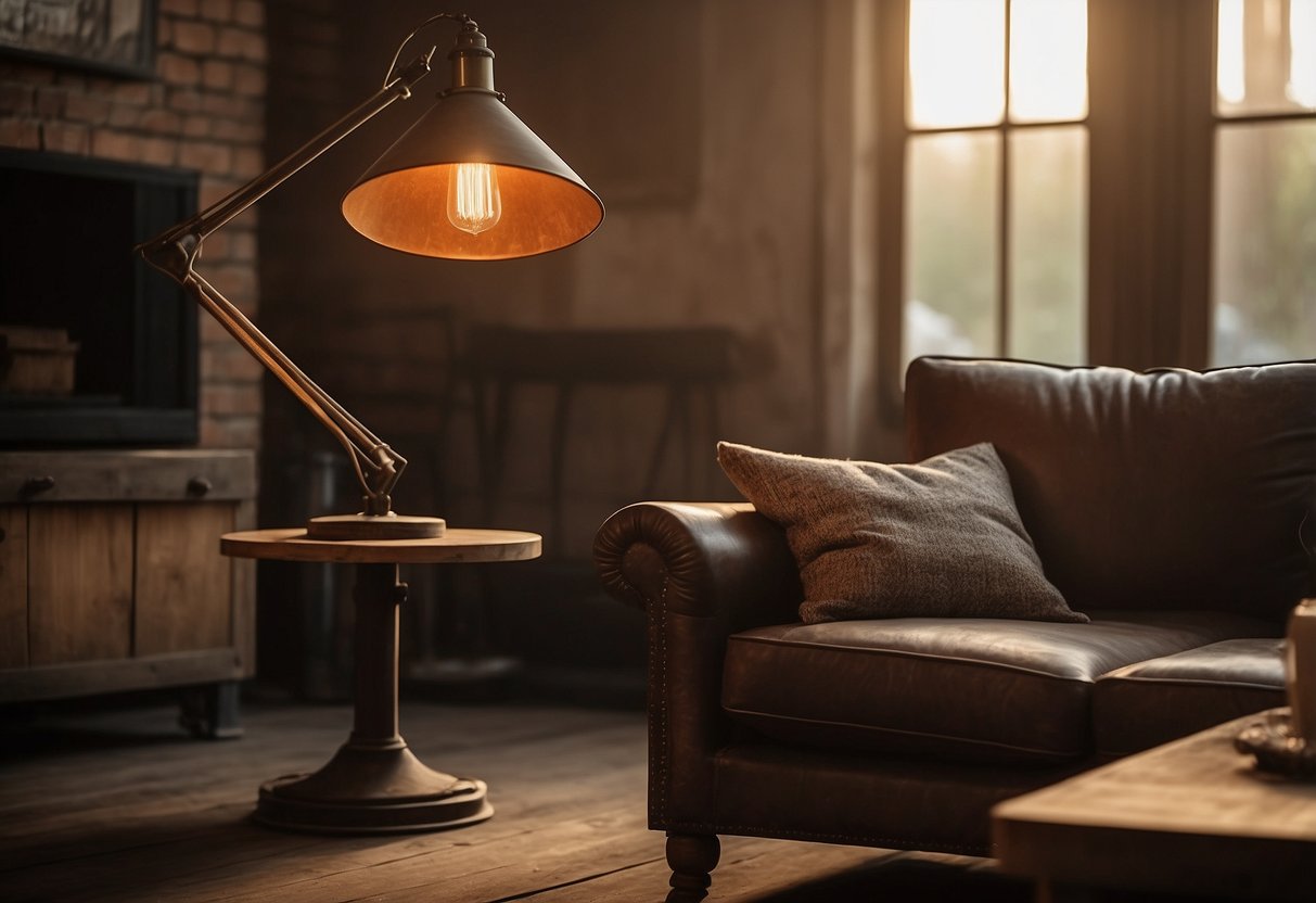 A vintage industrial floor lamp illuminates a cozy 1930s living room, casting a warm glow over a worn leather armchair and a weathered wooden coffee table