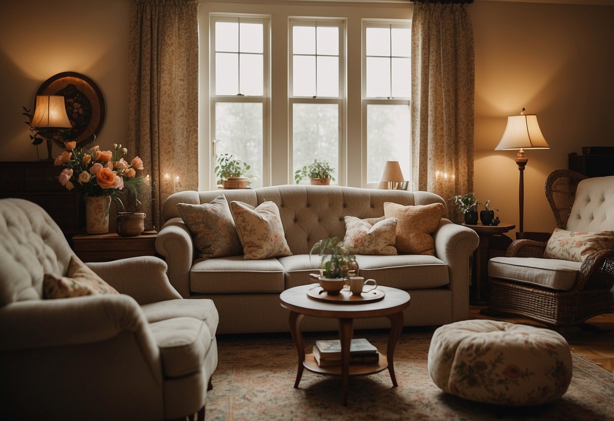 A cozy 1930s living room with vintage furniture and bohemian throw pillows scattered on a plush sofa and armchairs. Warm lighting and floral wallpaper complete the nostalgic home decor