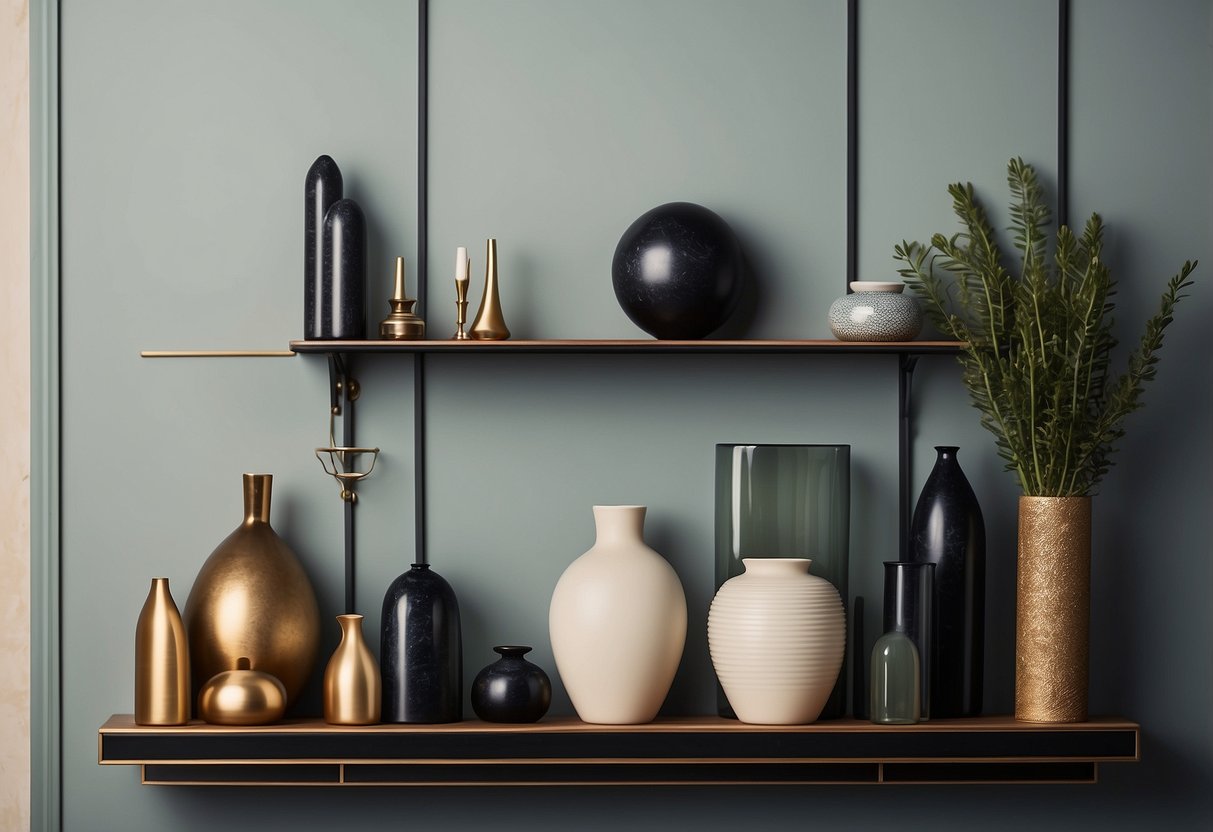 A set of minimalist wall shelves holding vintage 1930s home decor items, such as art deco vases and geometric ornaments