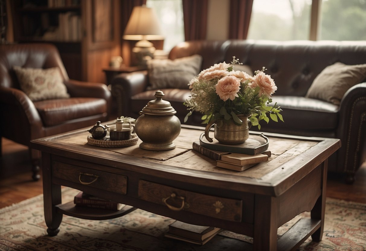 A weathered coffee table sits in a cozy 1930s living room, adorned with vintage knick-knacks and surrounded by worn leather armchairs