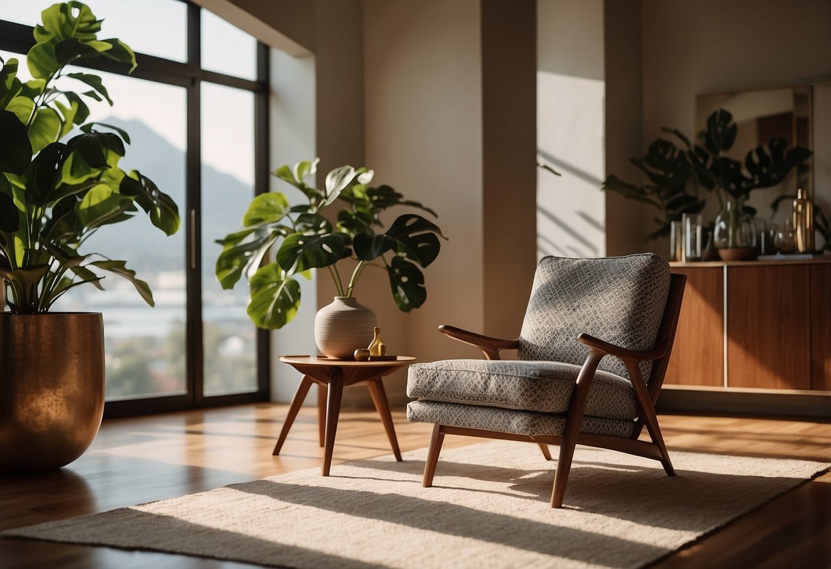 A Mid-Century Modern armchair sits in a sunlit living room, surrounded by sleek, minimalist decor and geometric patterns