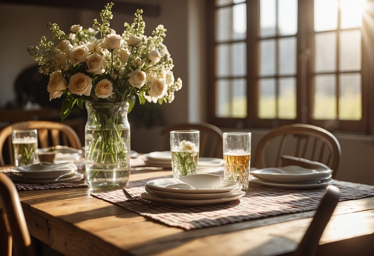 A rustic farmhouse dining table with wooden chairs, adorned with a checkered tablecloth and a vase of fresh flowers. Sunlight streams in through the window, casting a warm glow on the scene