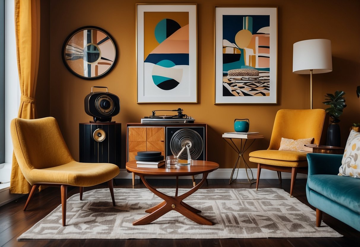 A cozy living room with art deco furniture, geometric patterns, and bold colors. A record player sits on a side table, while abstract canvas prints adorn the walls