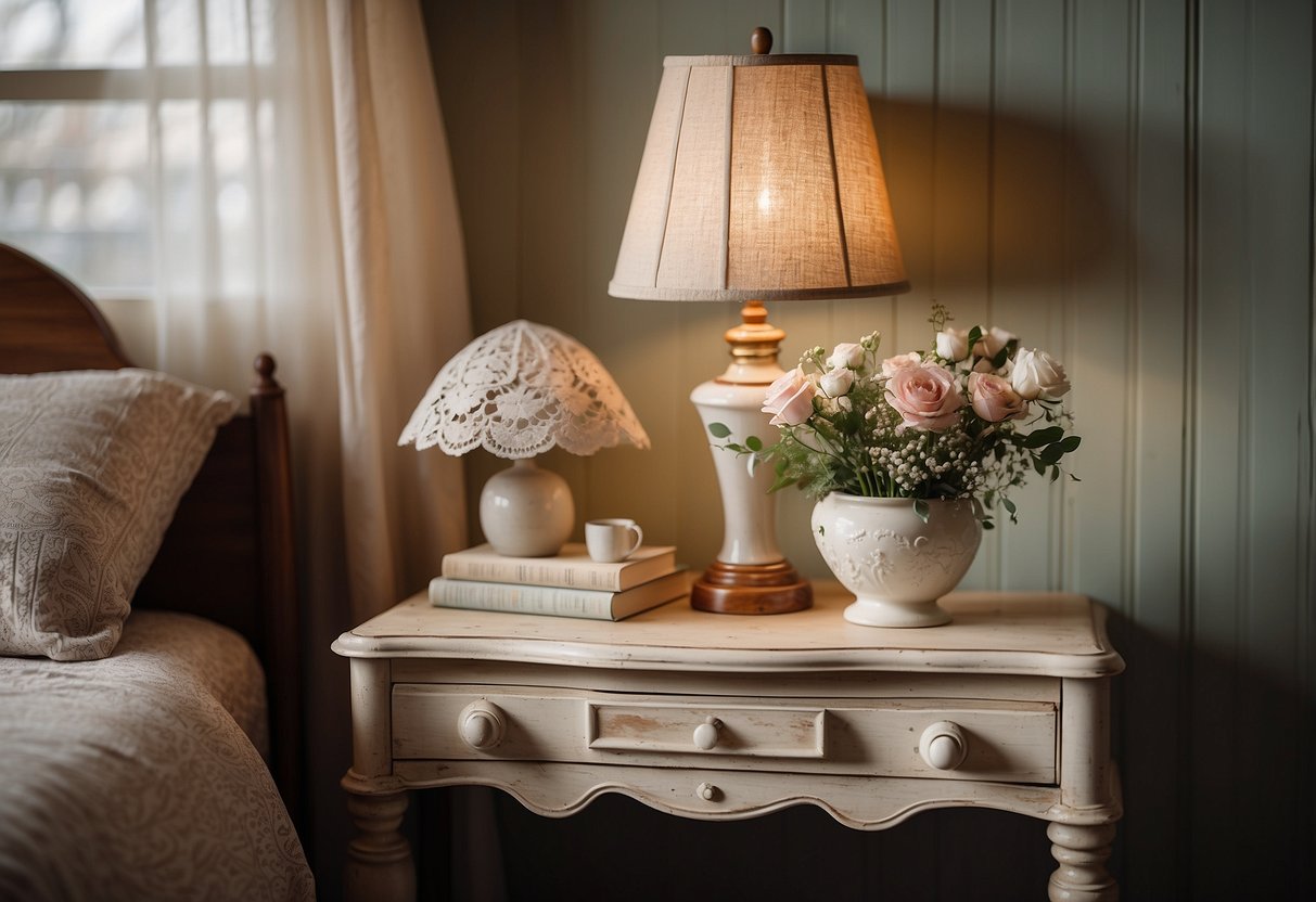 A weathered, distressed bedside table with vintage charm sits in a cozy 1930s bedroom, adorned with delicate lace doilies and a dainty floral lamp