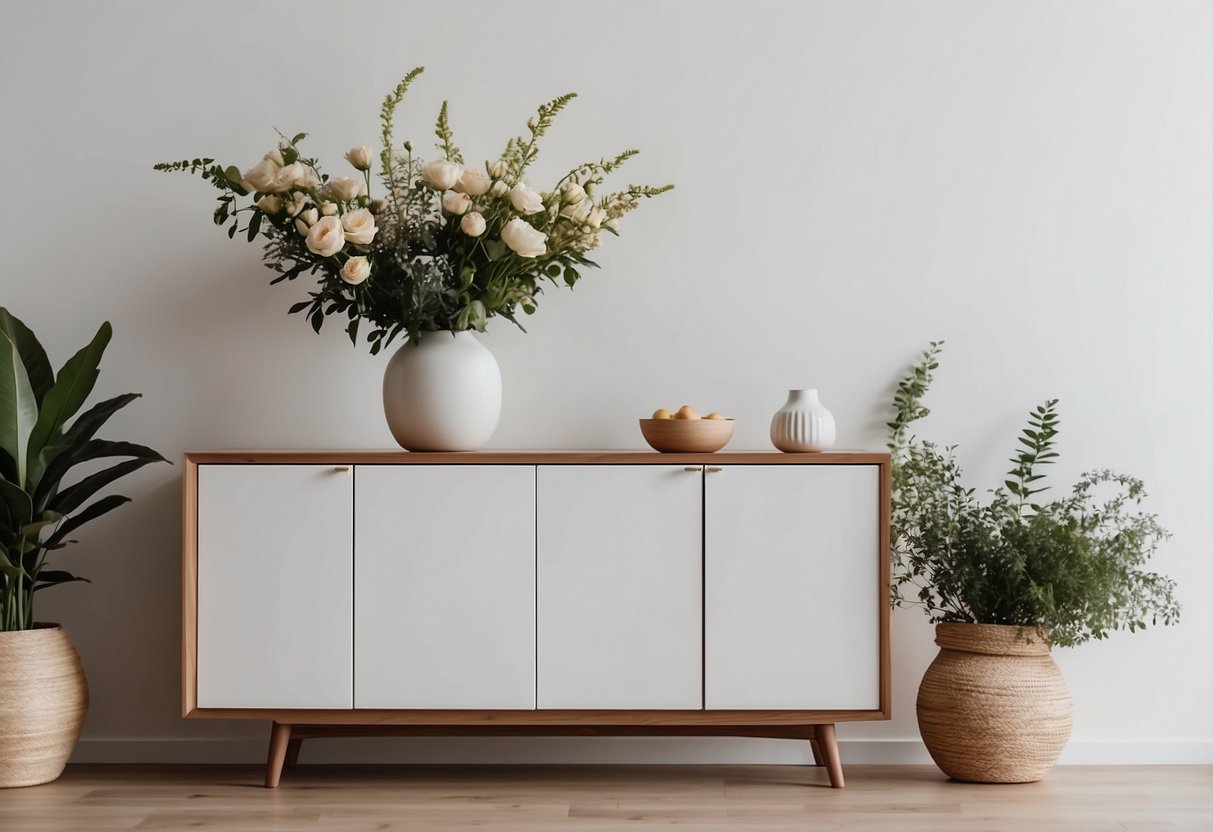 A sleek Scandinavian sideboard sits against a white wall, adorned with minimalist decor and a vase of fresh flowers