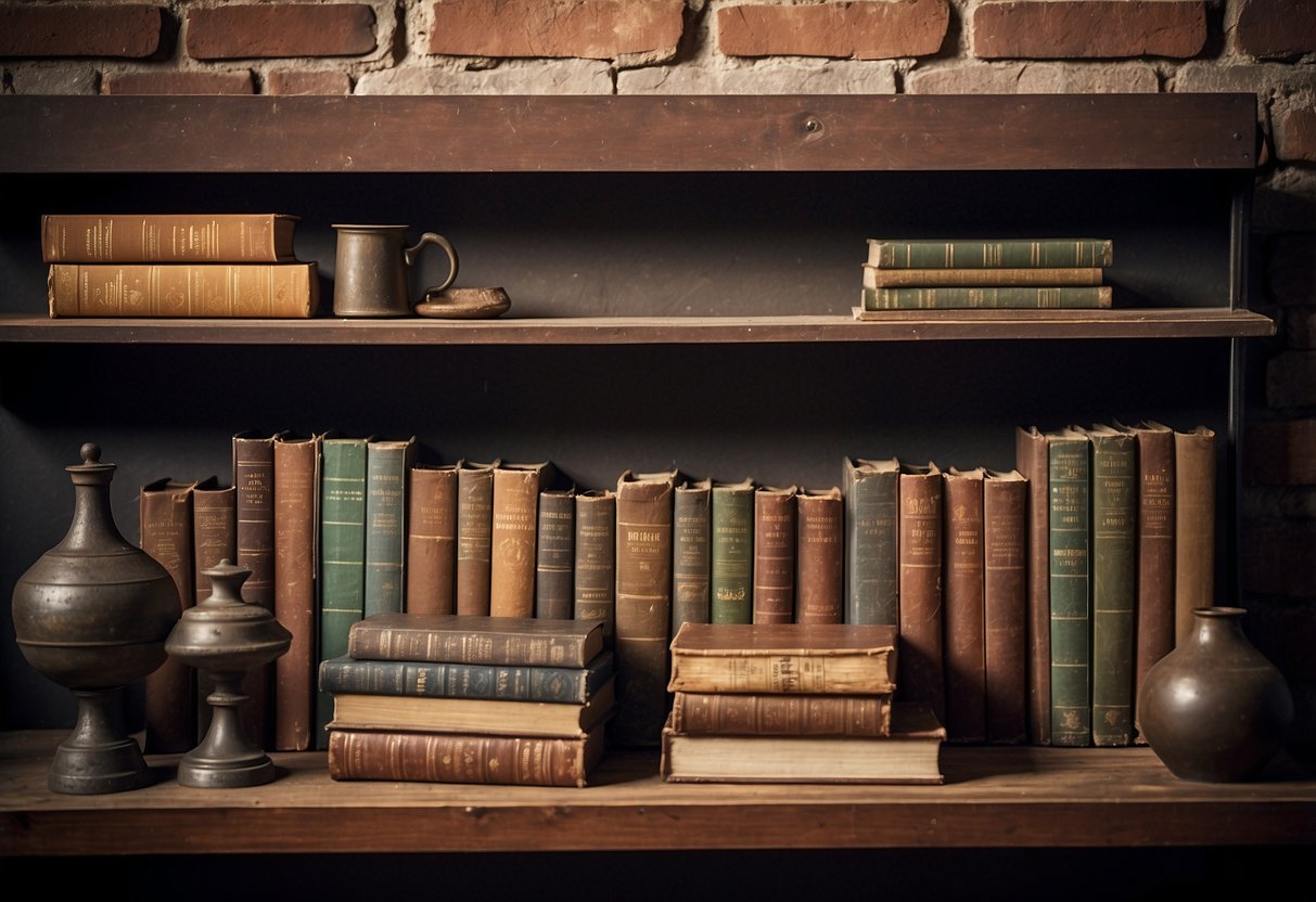 A sturdy metal bookshelf stands against a brick wall, adorned with vintage books, antique vases, and industrial decor from the 1930s