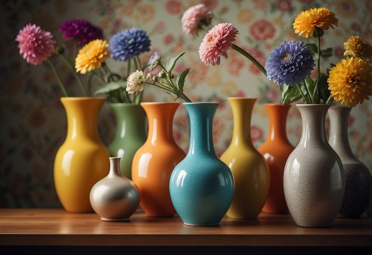 A collection of brightly colored vases arranged on a vintage wooden shelf against a patterned wallpaper backdrop