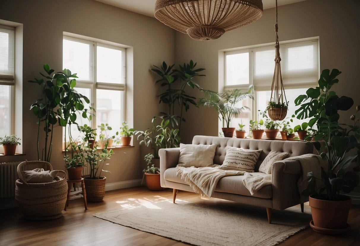 A cozy 1930s living room with handwoven macramé plant hangers hanging from the ceiling, adding a touch of vintage charm to the home decor