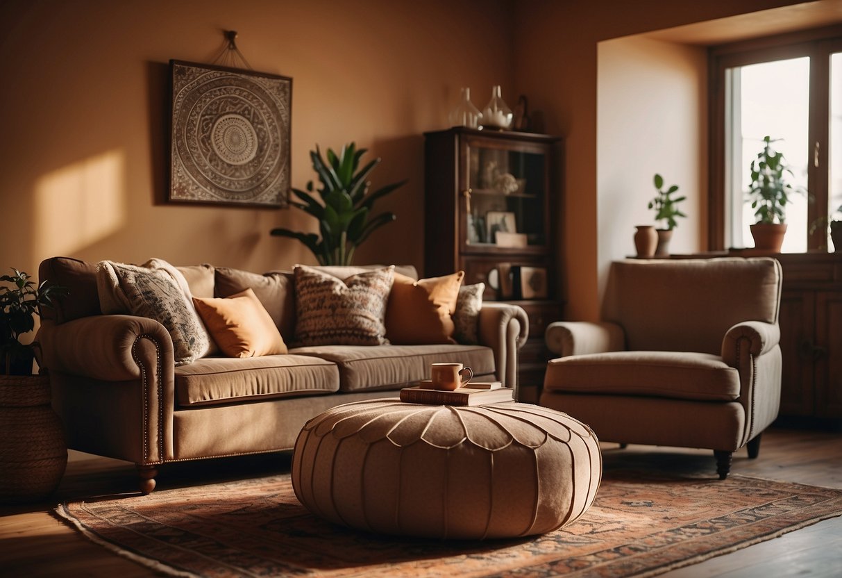 A cozy 1930s living room with a Moroccan pouf as a centerpiece, surrounded by vintage furniture and warm, earthy colors