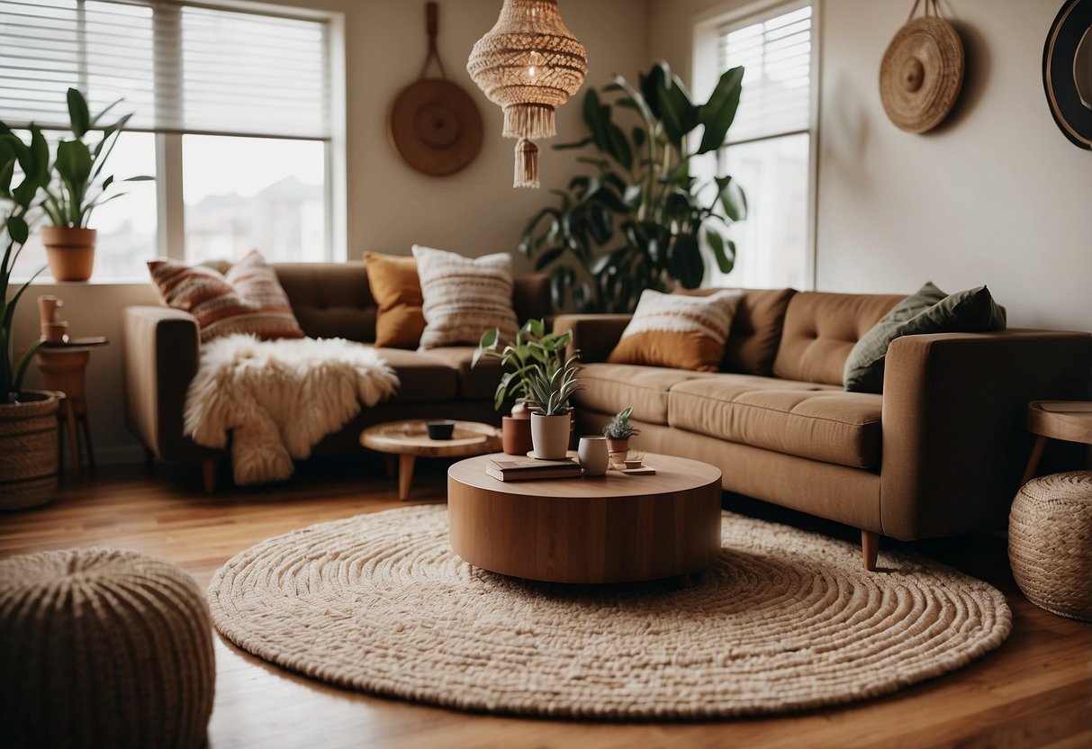 A cozy living room with shag carpet, macrame wall hangings, and earthy color palette. Low wooden tables with floor cushions, hanging plants, and vintage record player