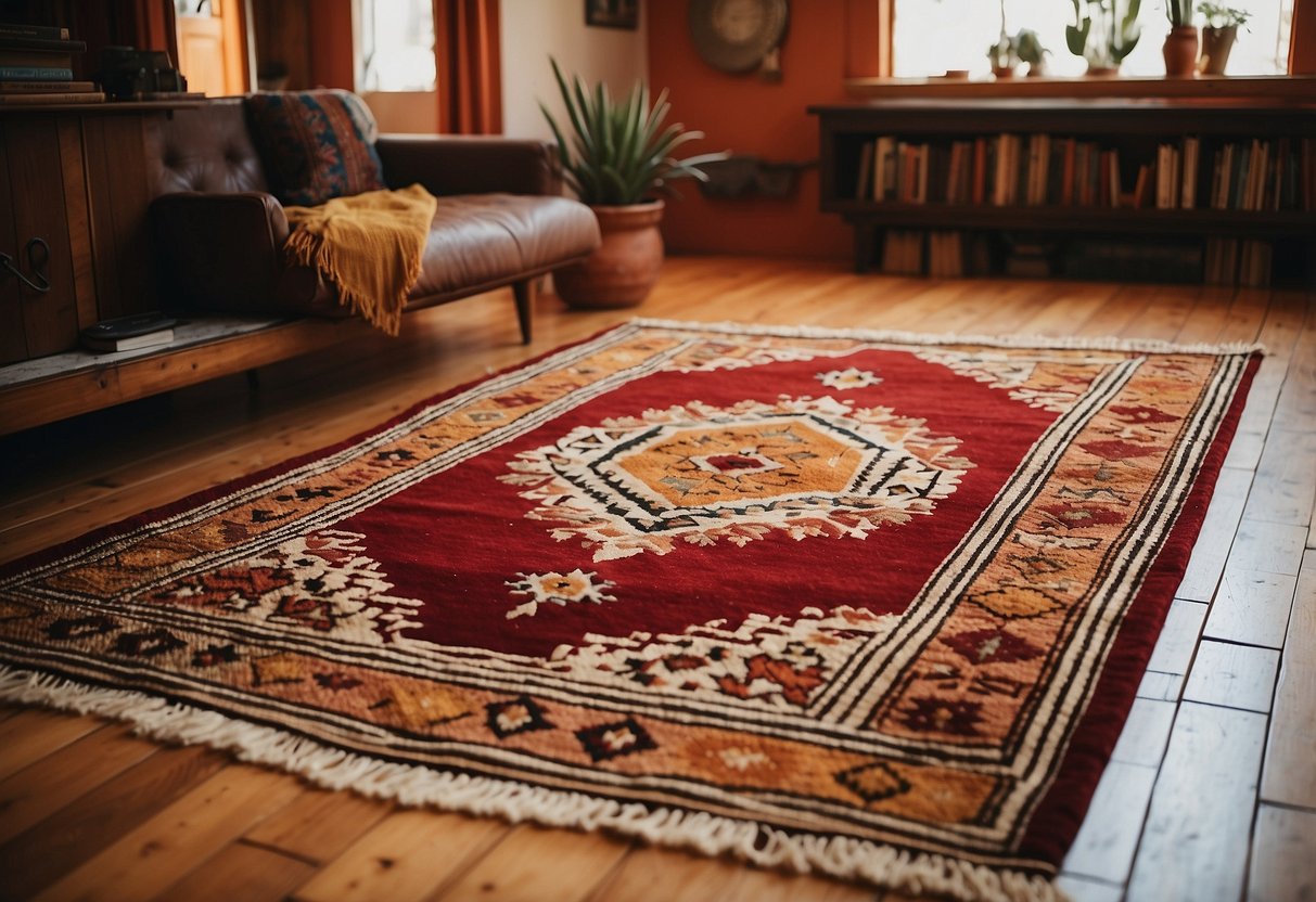 A 1970s vintage Moroccan rug lays on a hardwood floor in a bohemian home, surrounded by eclectic decor and warm, earthy tones