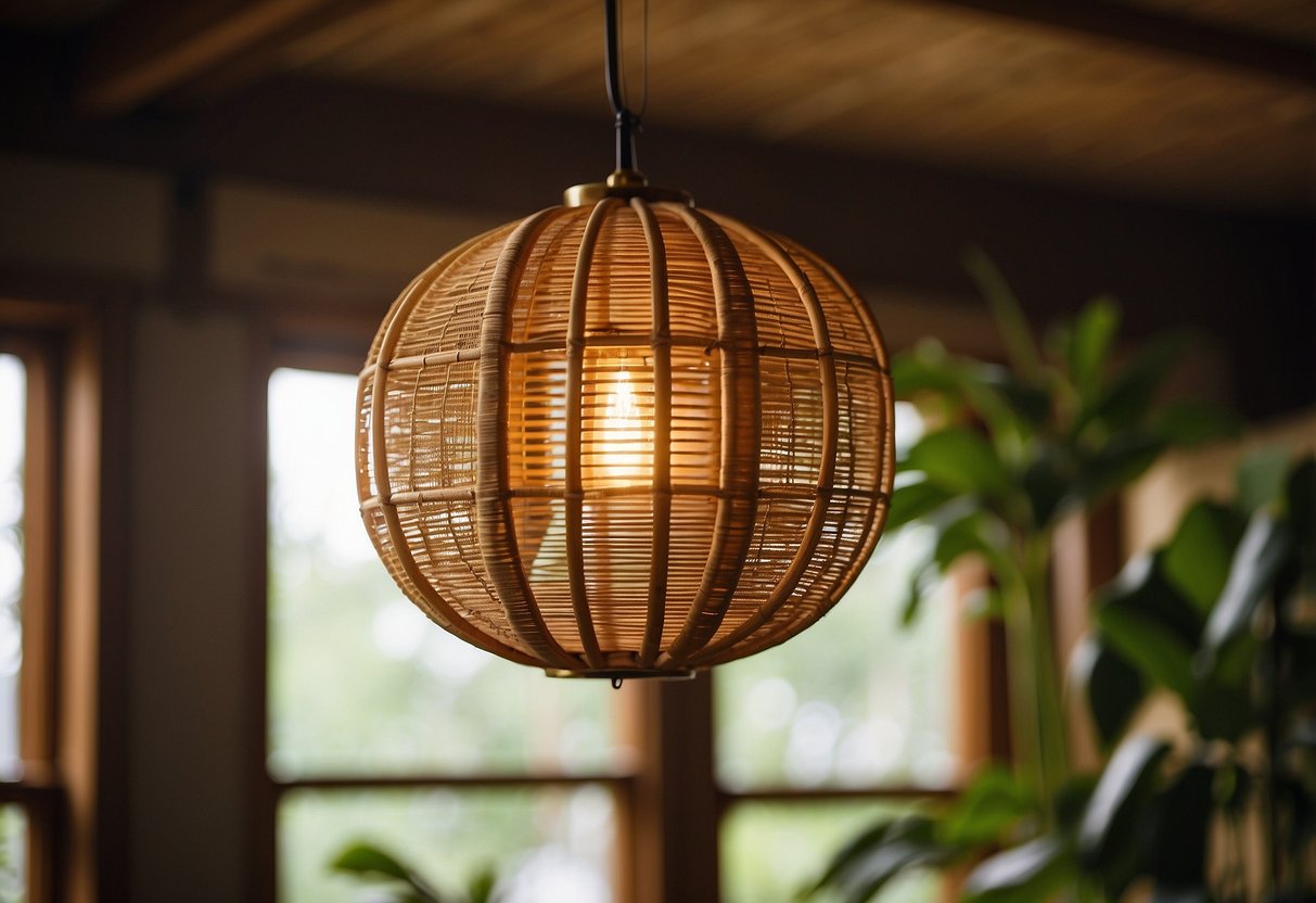 A bamboo pendant light hangs from the ceiling in a 1970s bohemian home, casting a warm and natural glow over the eclectic decor