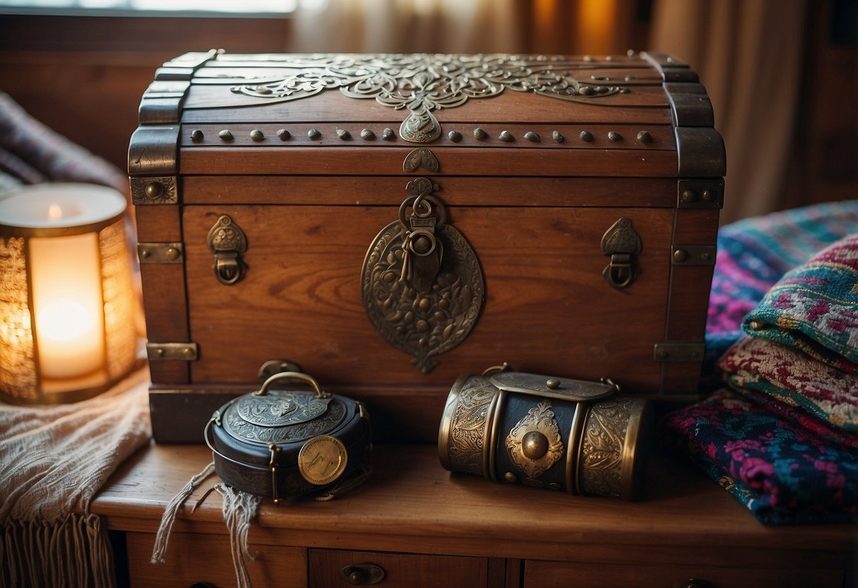 An antique wooden chest sits in a cozy 1970s bohemian home, adorned with colorful textiles and surrounded by vintage decor