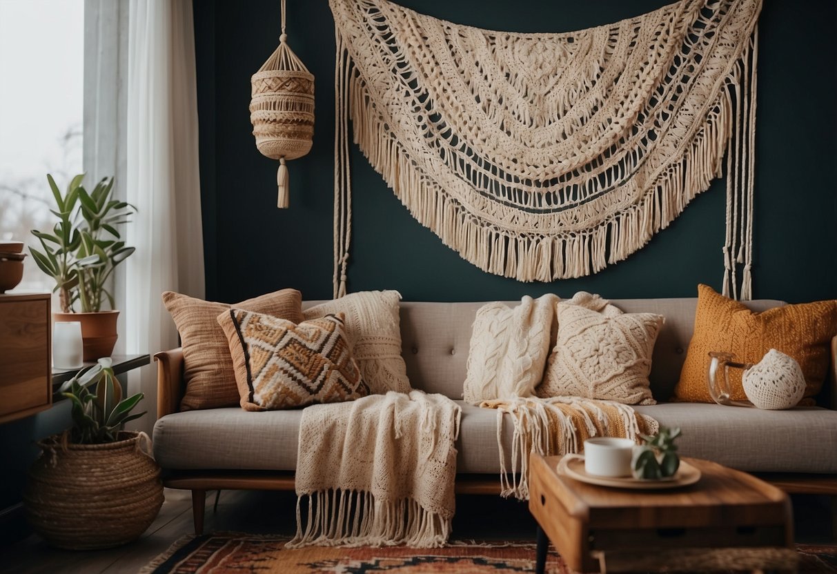 A cozy living room adorned with a boho-beaded throw pillow, surrounded by vintage furniture and macrame wall hangings