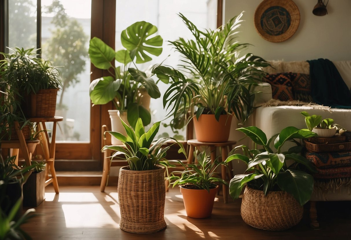 A wicker plant stand sits in a sunlit corner of a 1970s bohemian home, adorned with lush green plants and surrounded by colorful, eclectic decor