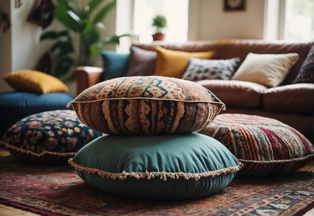 Colorful patterned floor cushions arranged in a cozy, bohemian living room. The cushions are scattered on a vintage rug, creating a relaxed and inviting atmosphere