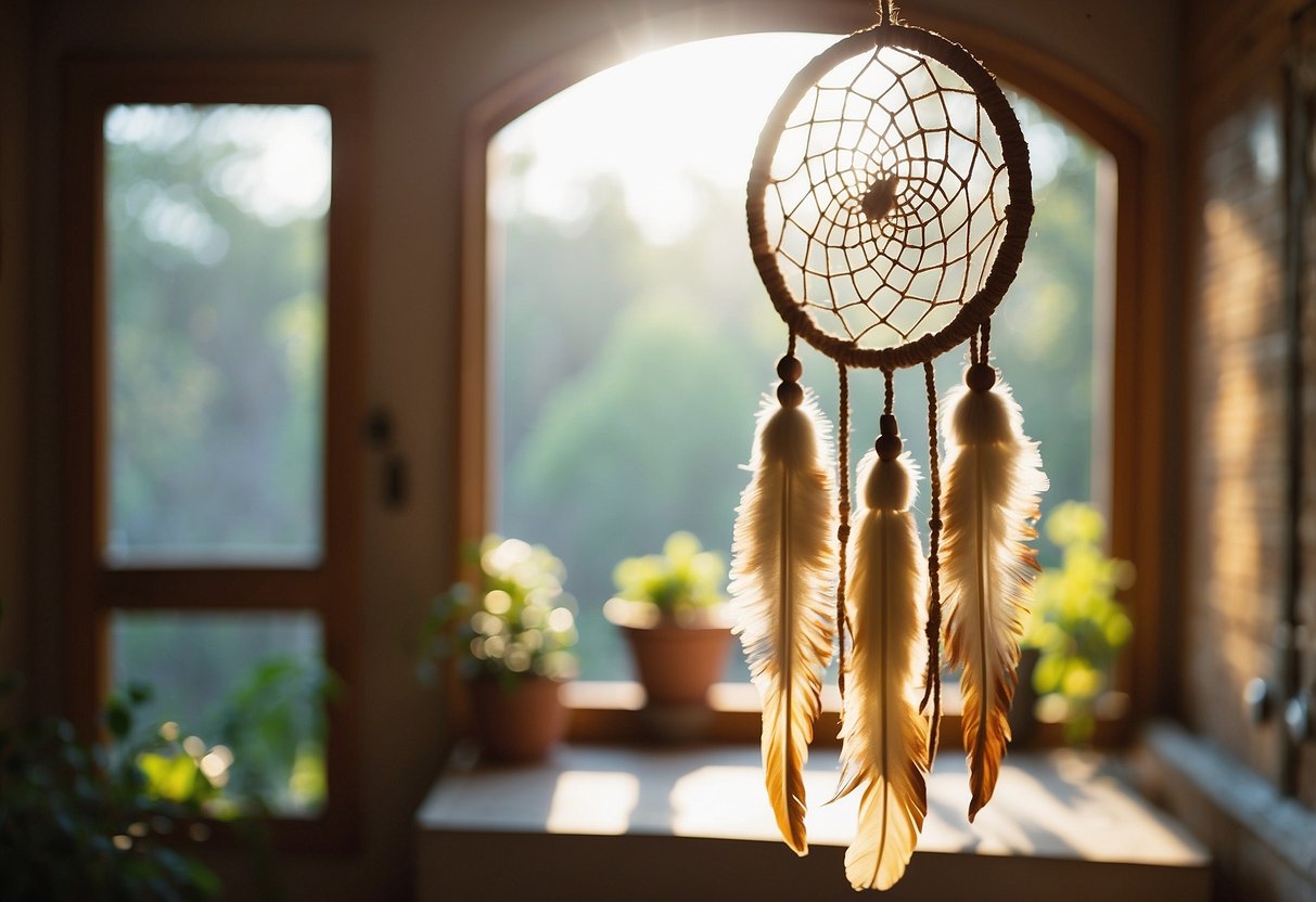 A colorful dreamcatcher hangs above a vintage macramé wall hanging in a 1970s bohemian home. Sunlight streams through the open windows, casting a warm glow on the eclectic mix of patterns and textures