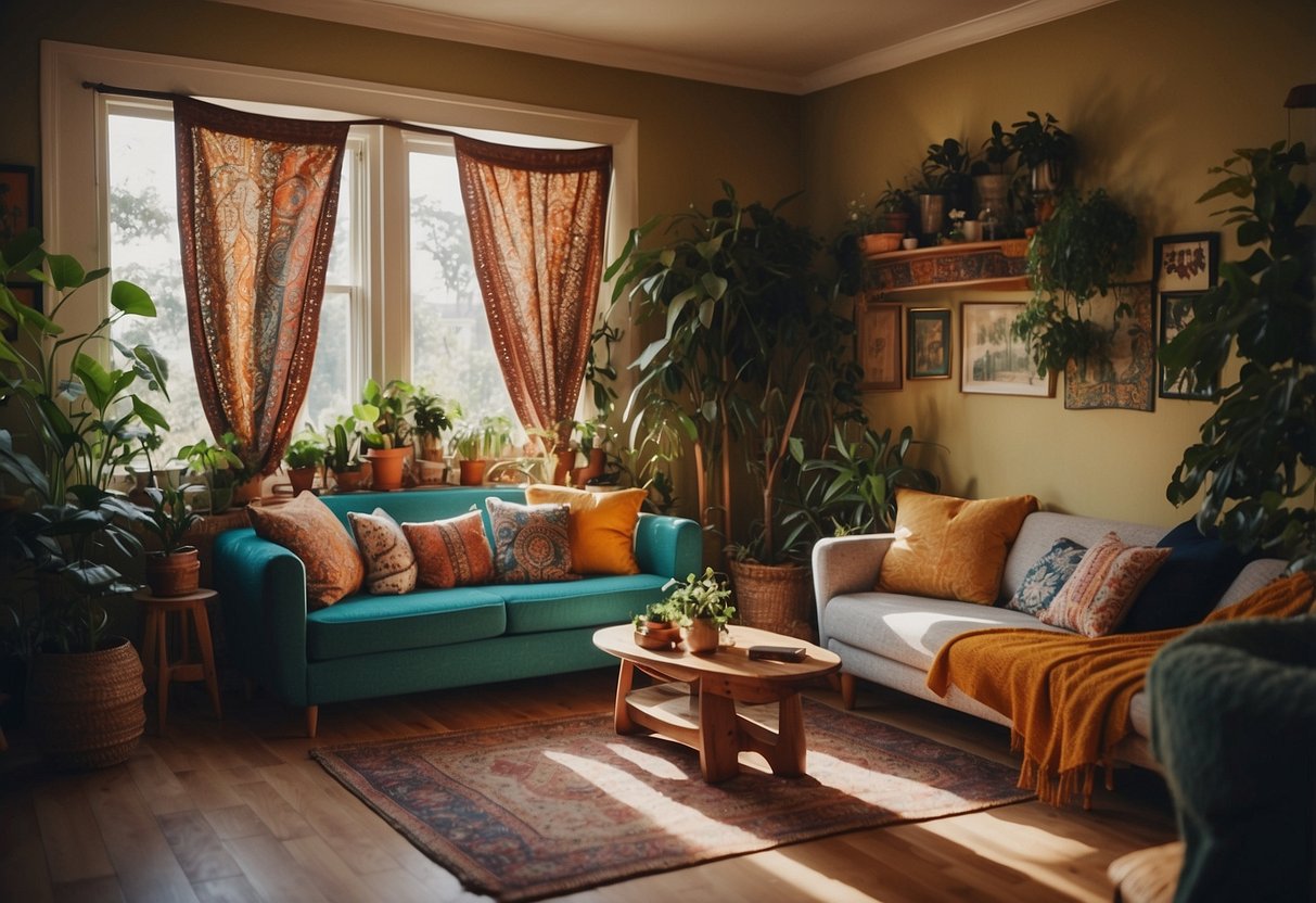 A cozy living room with colorful tapestries hanging on the walls, vintage furniture, and plenty of plants creating a bohemian 1970s vibe