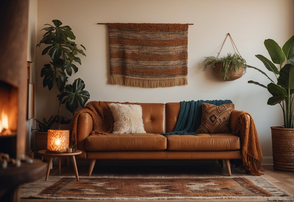 A cozy living room with a vintage 1970s vibe, featuring a fringe throw blanket draped over a retro sofa, surrounded by bohemian decor and warm earthy tones