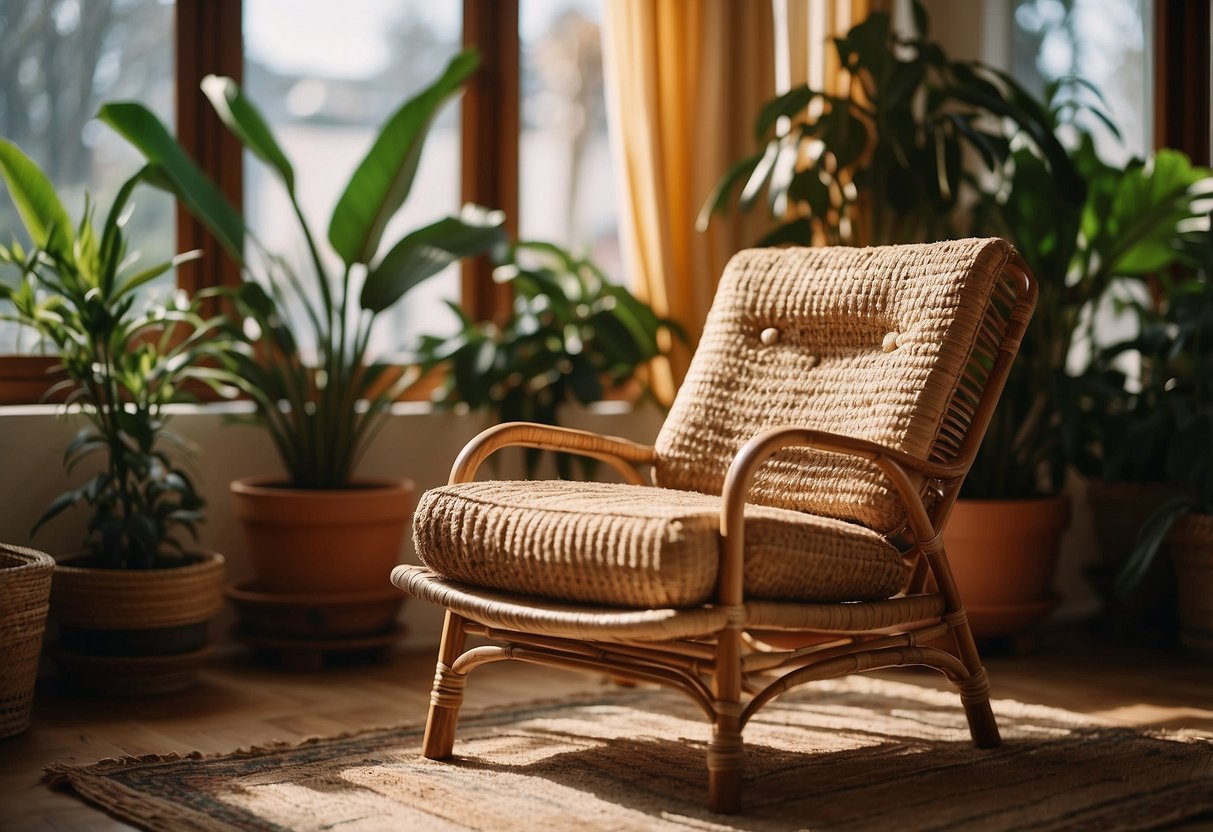 A rattan lounge chair sits in a sunlit room, surrounded by plants and colorful textiles. The 1970s bohemian decor exudes a relaxed and eclectic vibe