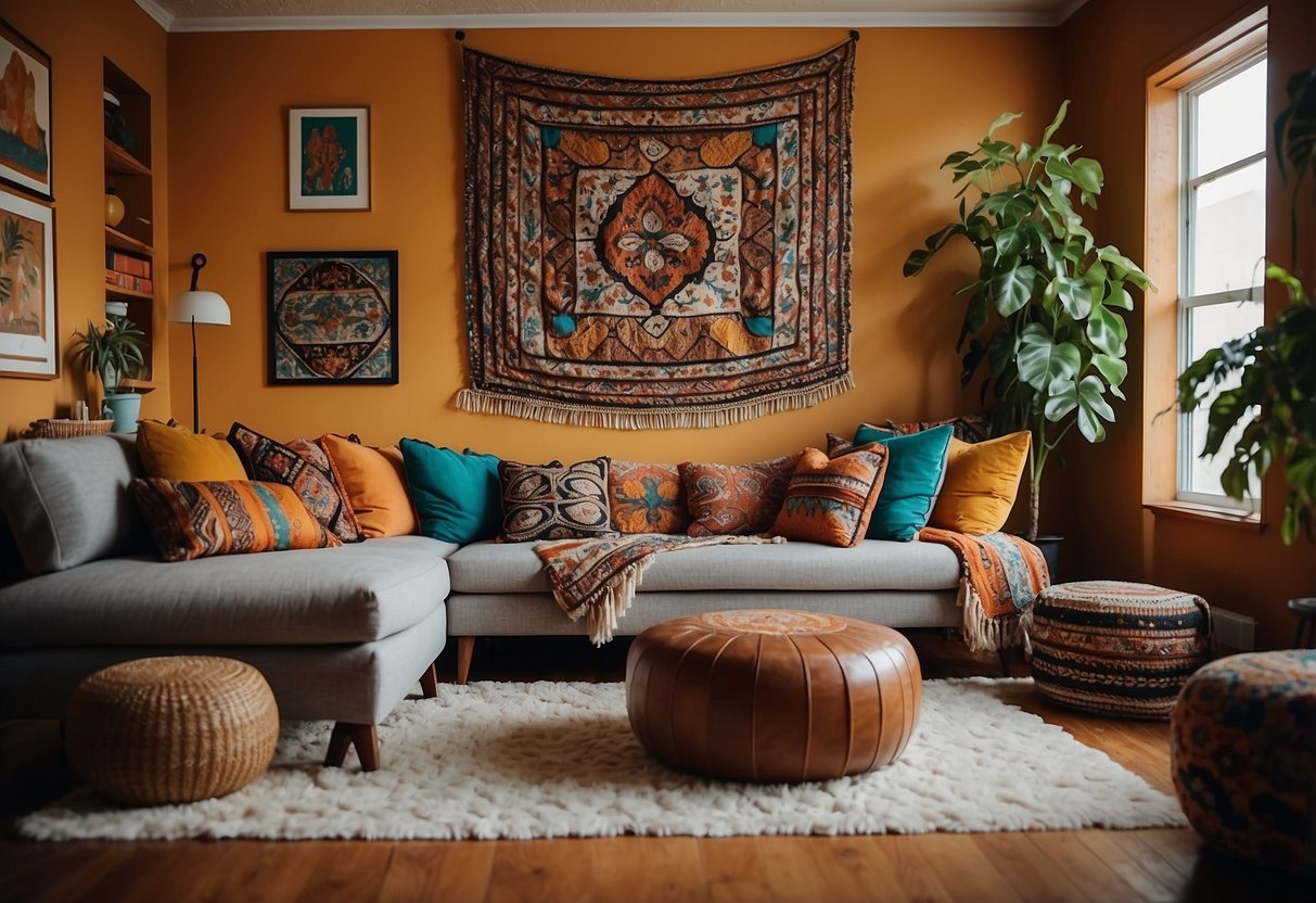 A cozy living room with a vintage embroidered ottoman as the focal point, surrounded by eclectic 1970s bohemian home decor such as macrame wall hangings and colorful throw pillows