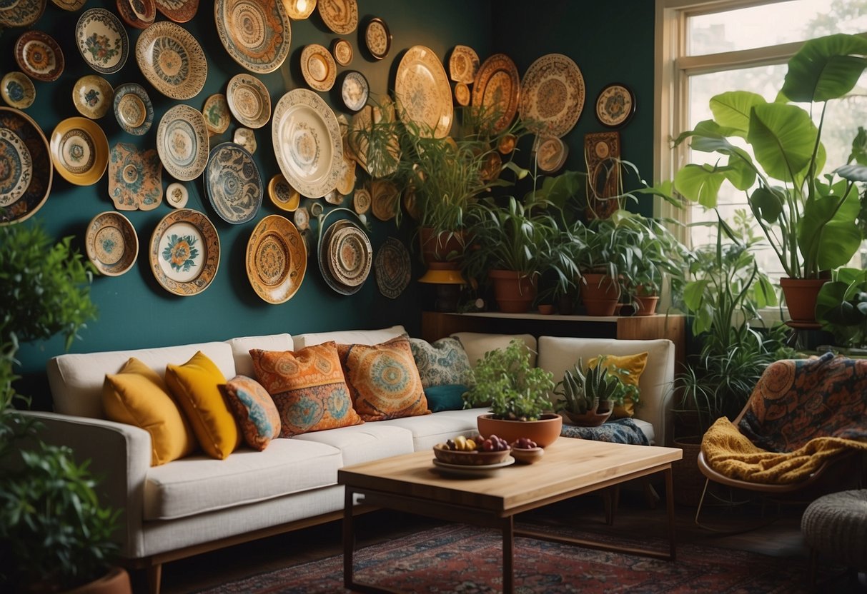 Colorful wall plates hang in a 1970s bohemian living room, surrounded by plants and tapestries