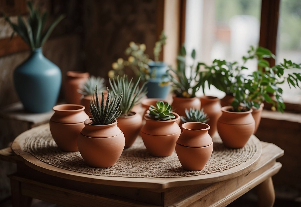 A table adorned with handmade clay pots, set against a backdrop of 1970s bohemian home decor