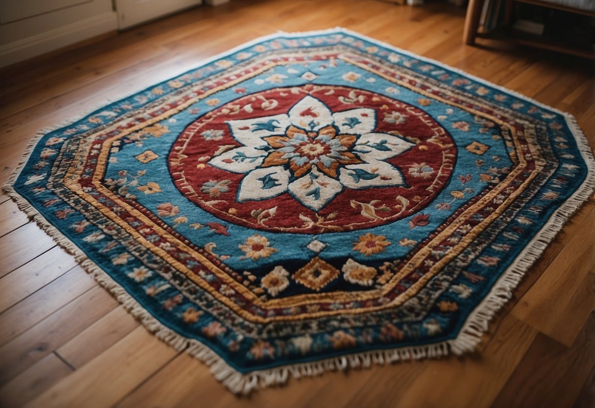 A geometric area rug lies on the floor of a 1970s bohemian home, adding a pop of color and pattern to the space