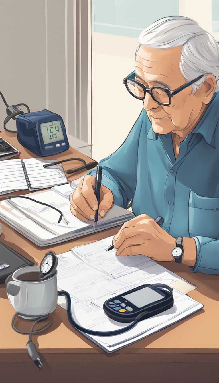 An elderly person sitting at a table, carefully comparing different blood pressure monitors. Various models displayed on the table, with a notebook and pen for jotting down notes