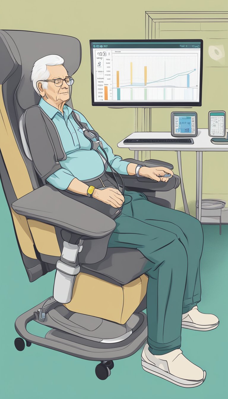 An elderly person sitting comfortably in a chair, with a monitor cuff wrapped around their arm, and a digital display showing their blood pressure readings