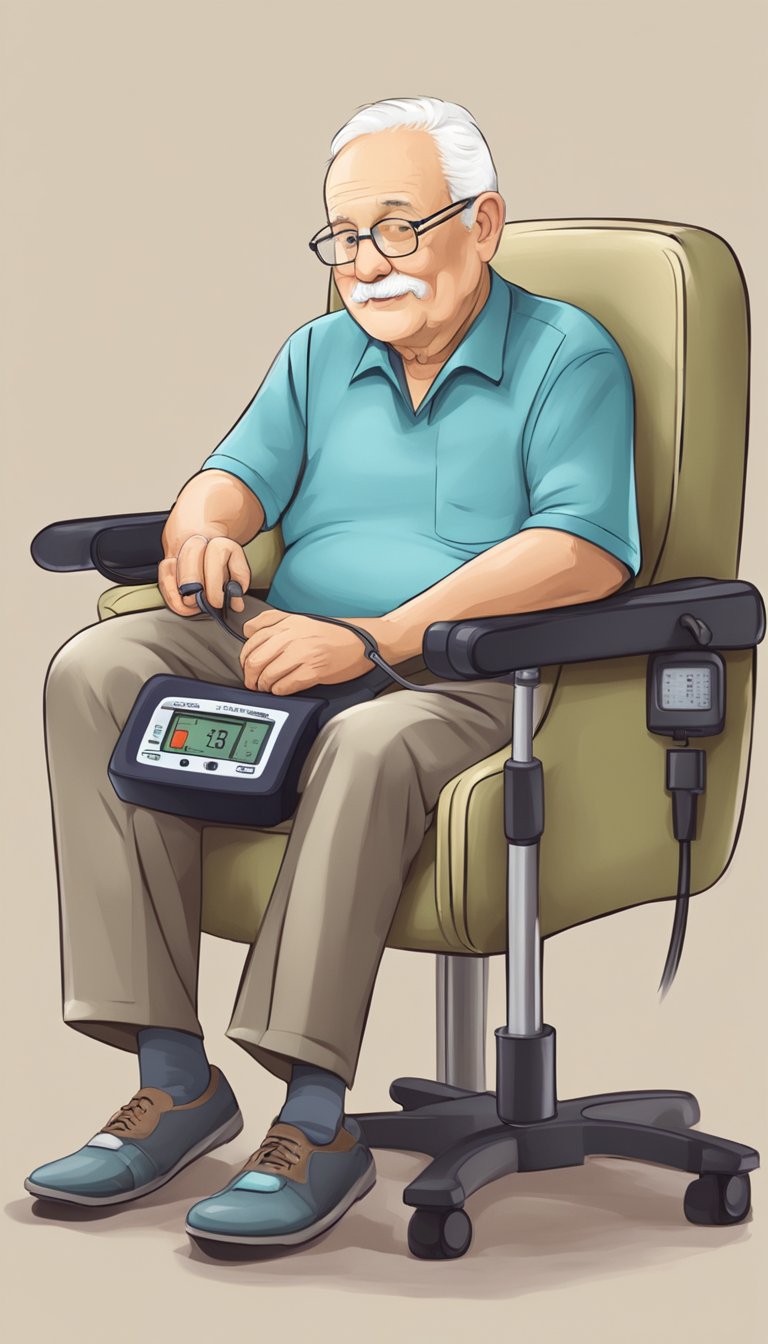 A senior sitting in a comfortable chair, using a blood pressure monitor with large, easy-to-read numbers. A calm and peaceful environment with soft lighting and minimal distractions