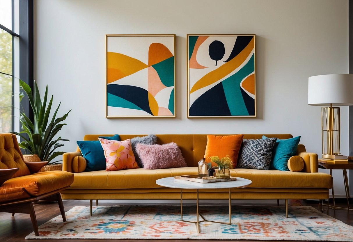 A living room with a bold accent wall, mid-century modern furniture, geometric patterns, and pops of bright colors. A gallery wall of eclectic artwork and a mix of textures like velvet and shag rugs complete the look