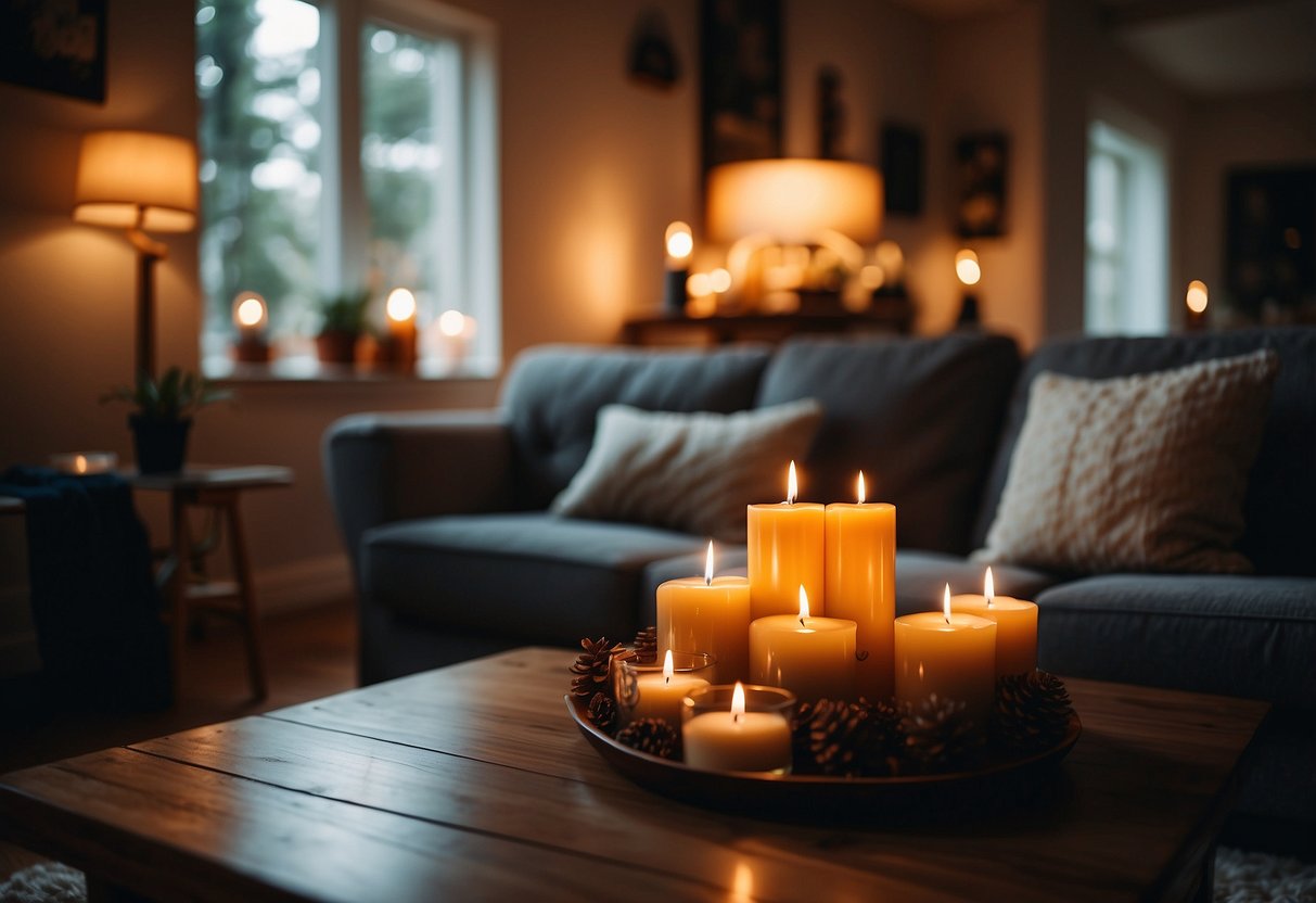 A cozy living room with warm, dim lighting from multiple hygge-inspired candles, creating a relaxed and inviting atmosphere in a 2000s home decor setting