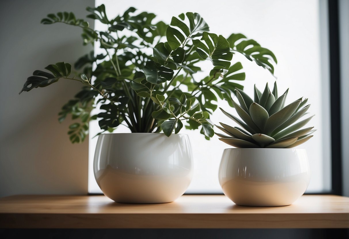 A sleek, minimalist planter sits on a clean, modern shelf. The room is filled with natural light, showcasing the Scandinavian aesthetic