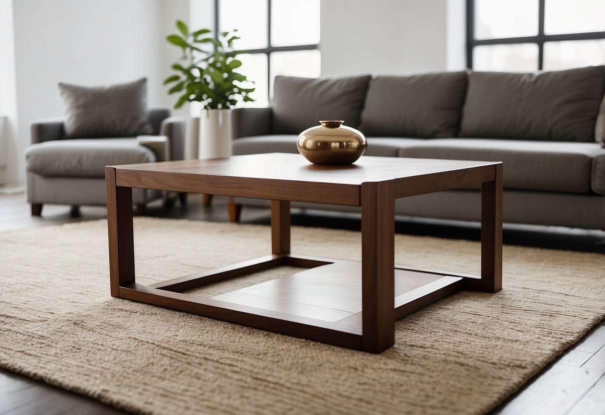 A sleek, rectangular coffee table with tapered legs sits in a minimalist living room. The table features clean lines, natural wood finish, and a simple yet elegant design