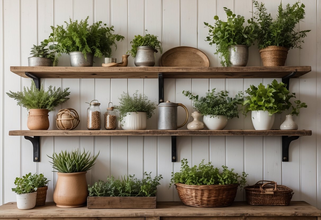 Rustic farmhouse-style shelves filled with vintage decor and greenery, against a white shiplap wall with natural light streaming in