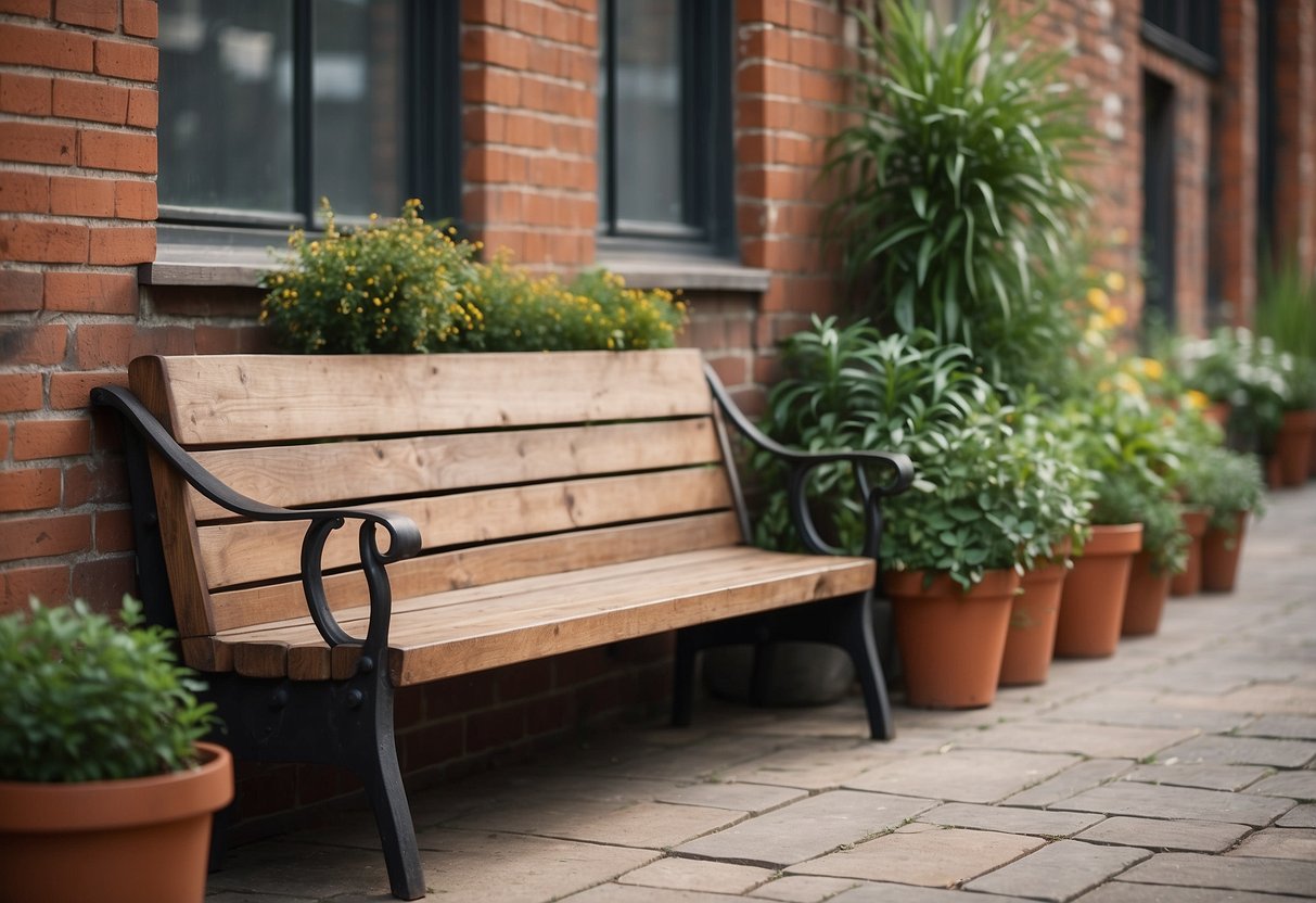 A rustic wood bench sits against a weathered brick wall, adorned with cozy throw pillows and surrounded by potted plants